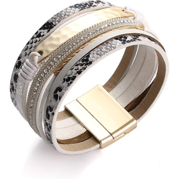 Leather Wrap Bracelet for Women Multi-Layer Leopard Crystal Wide Cuff Jewelry - Picture 3 of 6